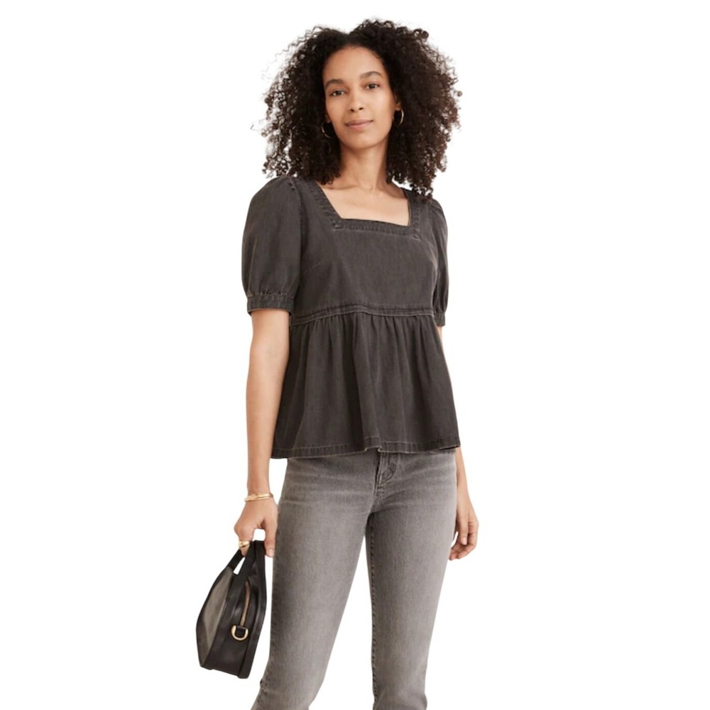 Madewell Y2K Denim Babydoll Top Size S Puff Sleeve Twee Dark Coquette Preppy